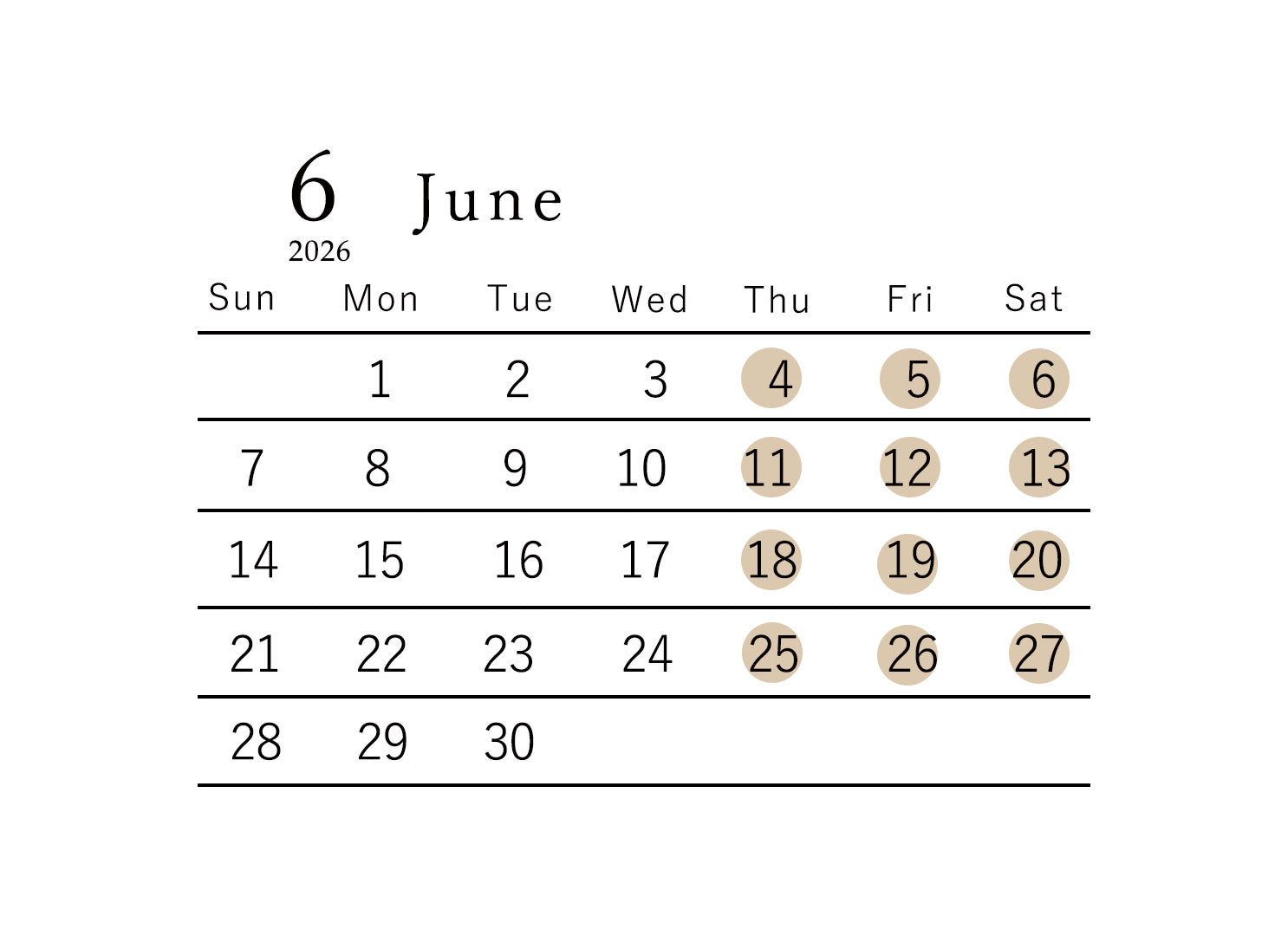2026年6月営業日のお知らせ